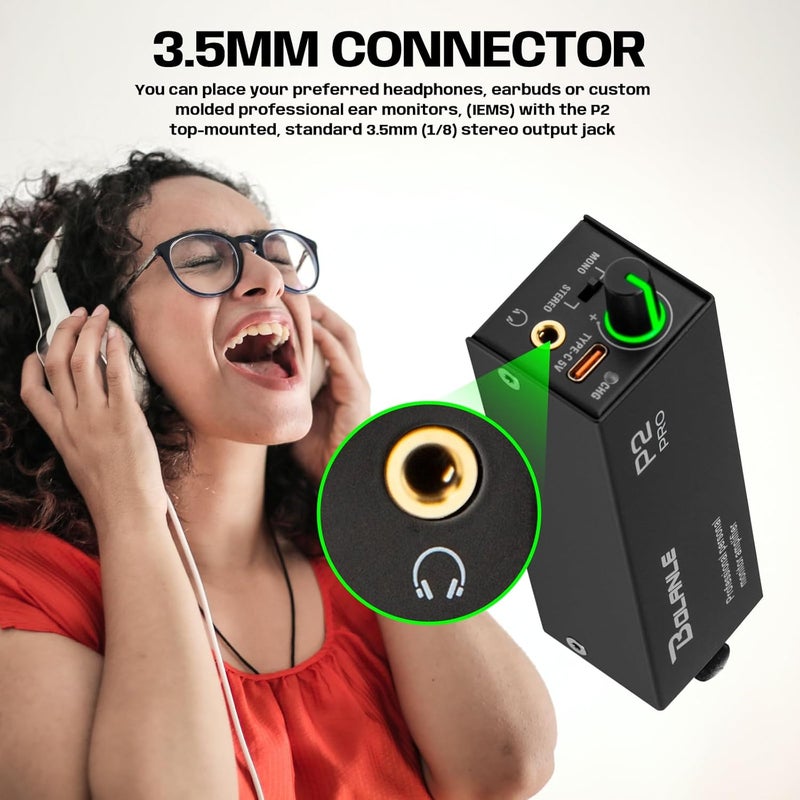 Bolanle P2 USB C Portable in Ear Monitor Amplifier, Headphone Amp with XLR and TRS Input 3.5mm Output, Headphone Amplifier with Stereo/Mono Switch for Keyboardists, Drummers, Guitar (Single Channel-Black) - Image 3